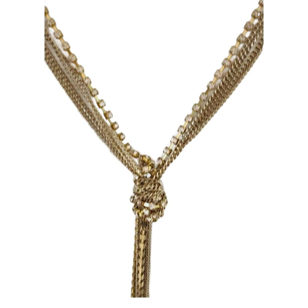 Vintage Gold Tone Rhinestone Chain Lariat Tassel Necklace: 5 Strand Multi Chain - Picture 8 of 12